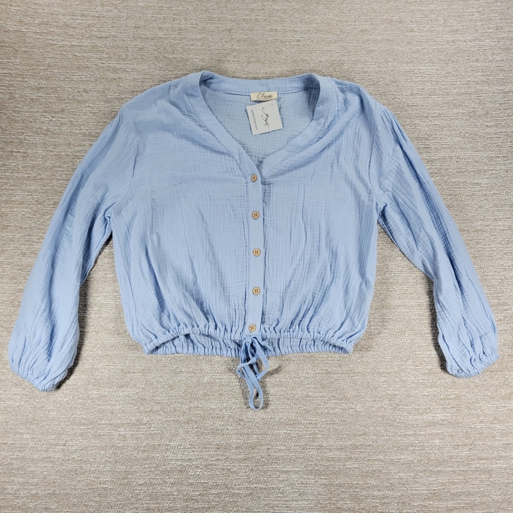 Elan Crinkle Gauze Crop Top Small Blue Long Sleeve Button Down Boho Costal NWT